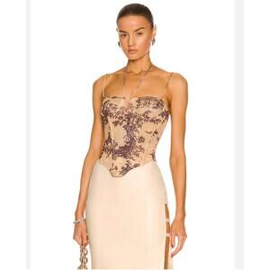 Miaou Top Small Aphex Corset in Gold Toile Mesh Bustier Halterneck Floral Sexy